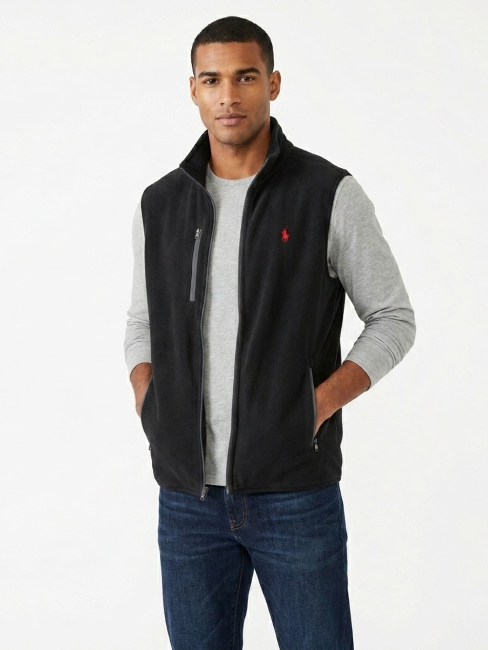 Polo Ralph Lauren Performance Black Fleece Vest Men's Large Full Zip Red Pony